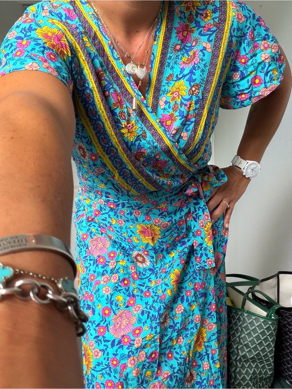Women's Turquoise Floral Wrap Maxi Dress with Yellow Accents